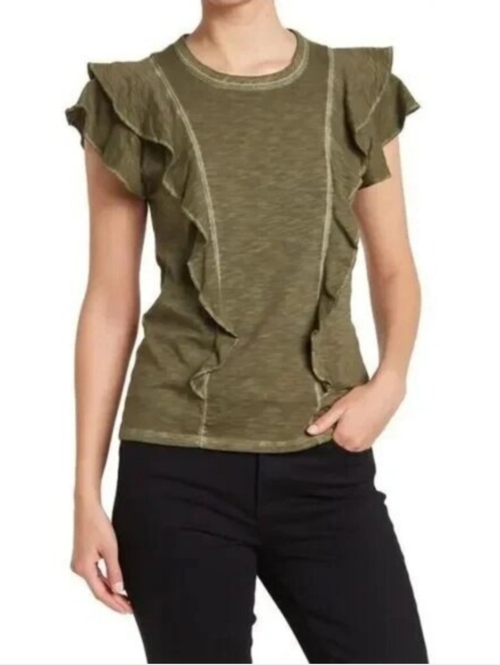 Veronica Beard Olive Green Bea Ruffle Front Short Sleeve Pima Cotton Shirt
